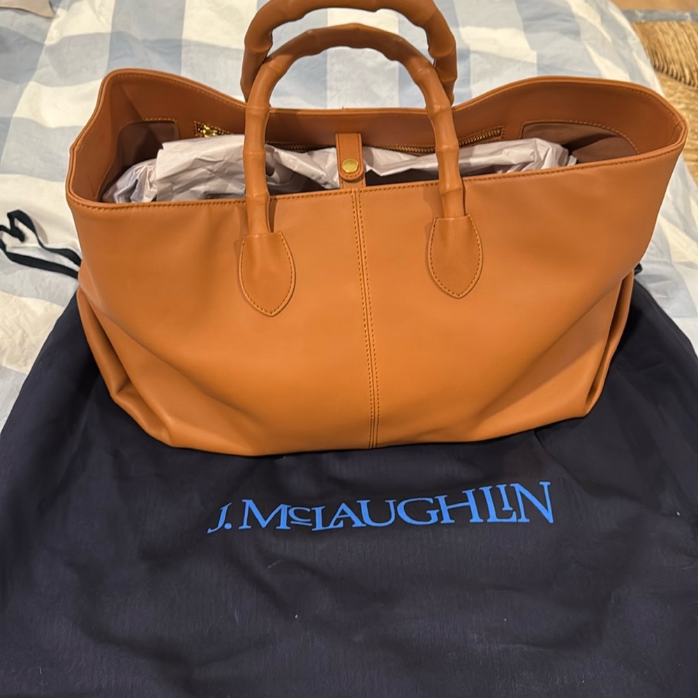 J. McLaughlin Caramel Leather Tote with bamboo style handles